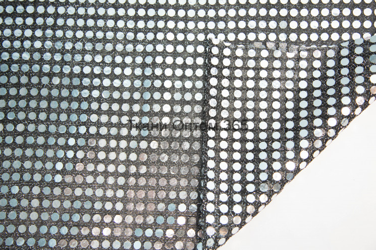 Ткань сетка с пайетками  серебро на черном ( 6мм) 