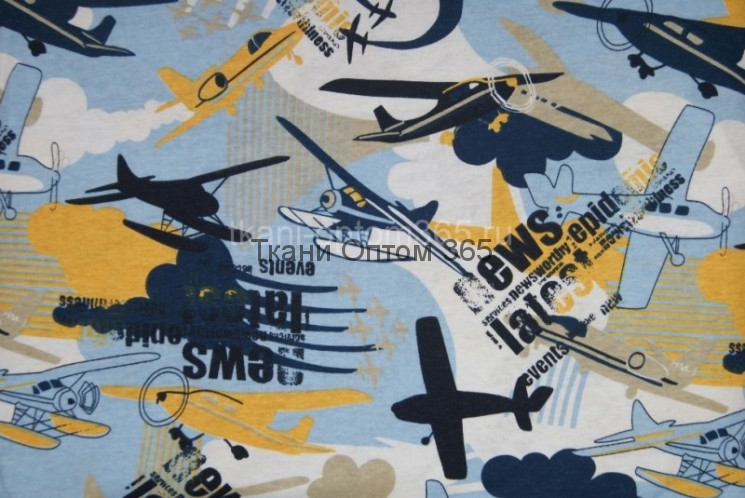  Кулирная гладь с рисунком Самолеты на голубом фоне 